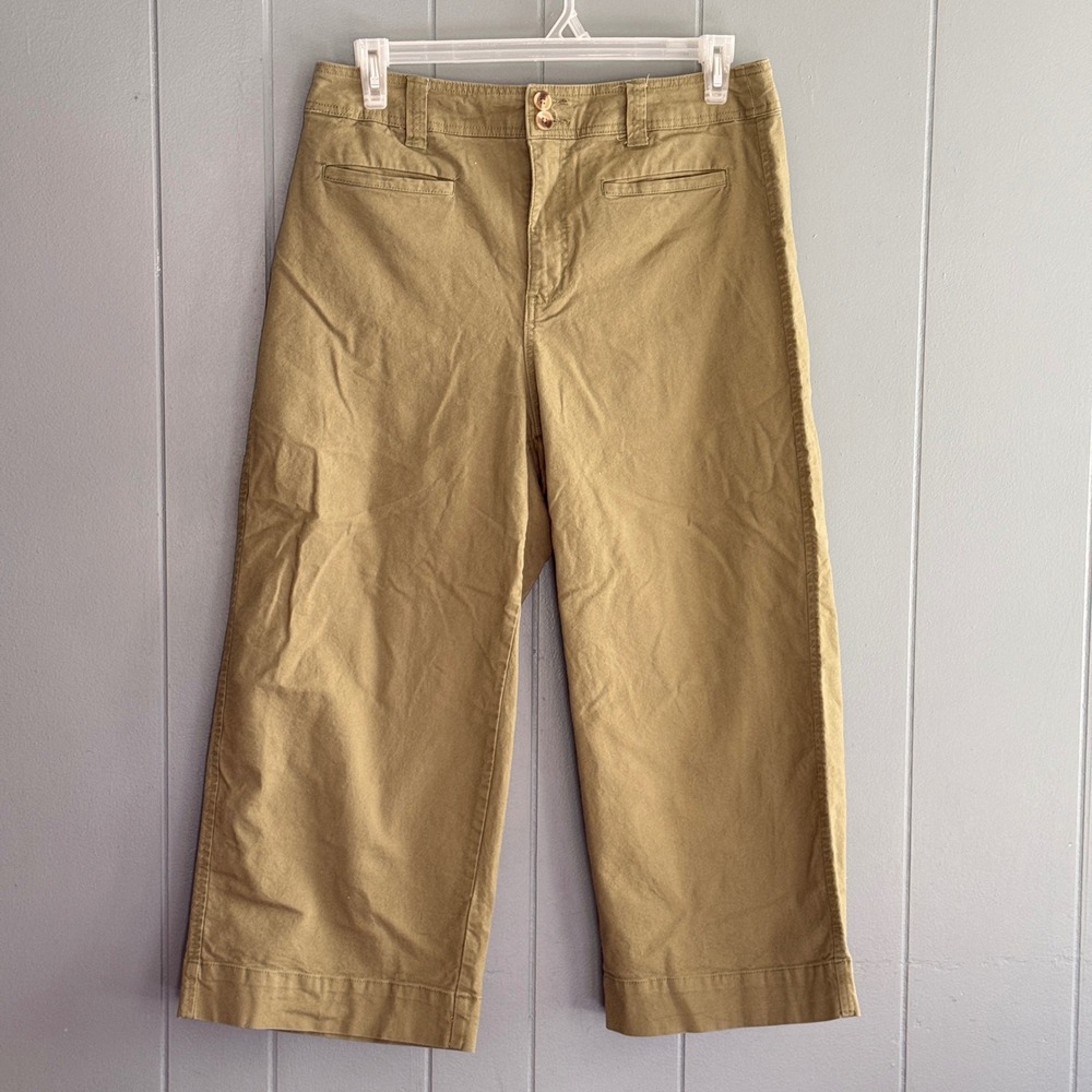A New Day Womens 14 Wide Leg Cropped Pants Olive Military Green Stretch Cotton